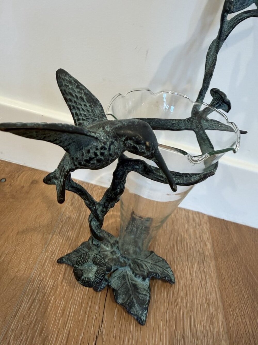 Vintage ANDREA BY SADEK Metal Bird On Branches Vase & Scallop Edge Glass Insert